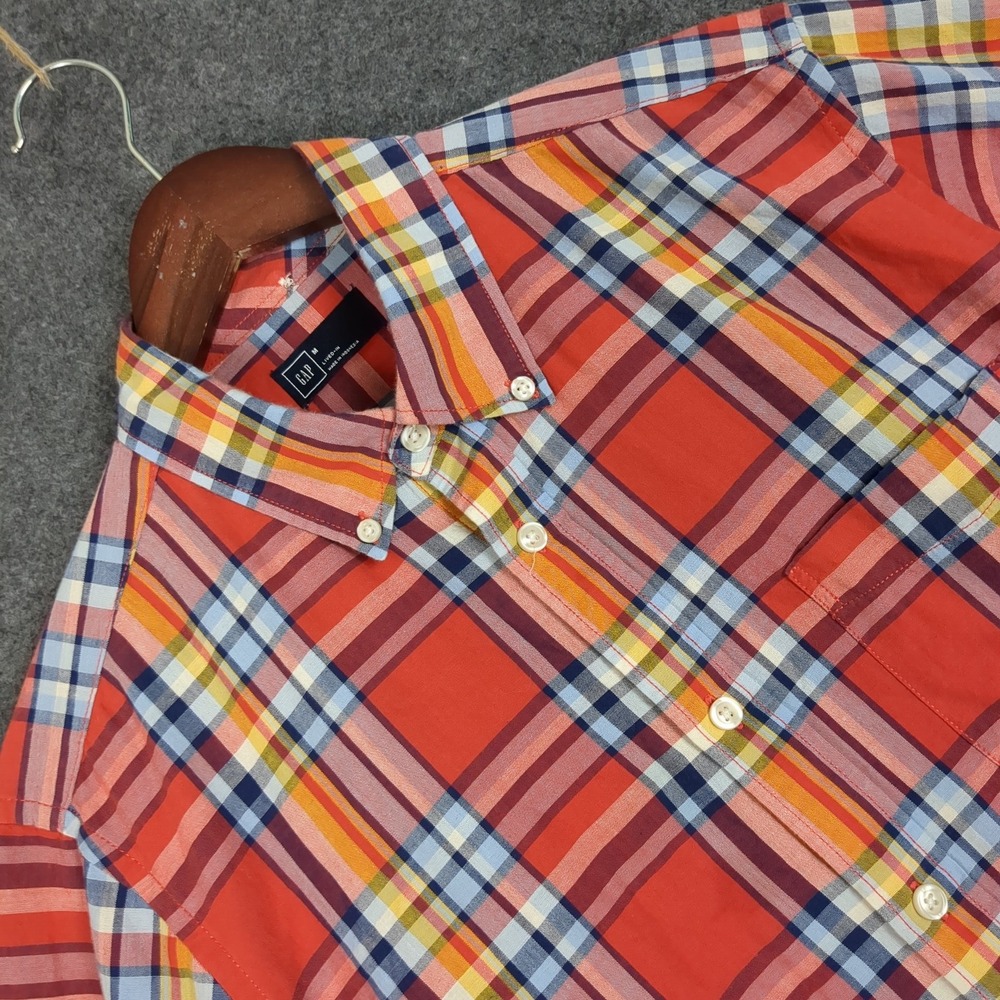 GAP Lived-In Mens Medium Orange Plaid Long Sleeve Button Down Shirt Madras Style
